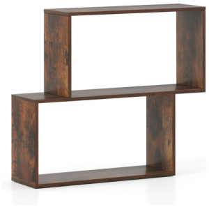 3-Tier Geometric Bookshelf Freestanding Wooden Bookcase with 2 Cubic Compartments-Brown