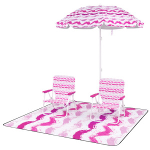 4 Pieces Beach Umbrella Set with 2 Foldable Chairs and Picnic Blanket-Pink