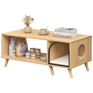 40 Inch Coffee Table Cat House 2-in-1 Wooden Kitten Furniture with Open Storage Shelf-Natural