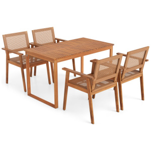 5 Pieces Acacia Wood Dining Set with Outdoor Table and Rattan Chairs for 4 Persons