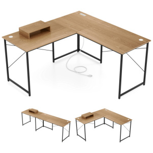 95 Inch 2-Person L-Shaped Long Reversible Computer Desk with Monitor Stand-Natural