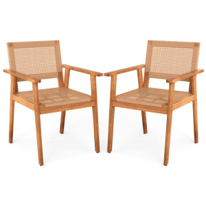 Acacia Wood Outdoor Dining Chairs Set of 2 PE Rattan Patio Chairs with Backrests and Armrests