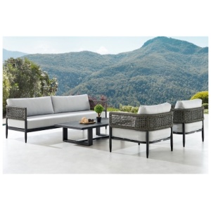 Armen Living Alegria Outdoor Sofa and 2 Chairs with Coffee Table, Light Gray