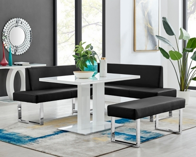 Armen Living Amanda Dining Table with Nook Sofa and Bench, Black