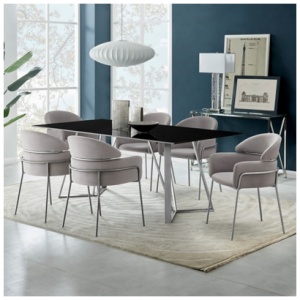 Armen Living Cressida and Portia Dining Table and 6 Chairs, Black/Stainless Steel