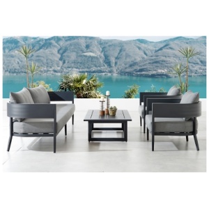Armen Living Menorca Outdoor Sofa and 2 Chairs with Coffee Table, Dark Gray