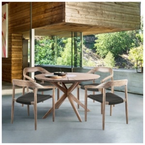 Armen Living Santo Outdoor Dining Table and 4 Chairs, Light Brown