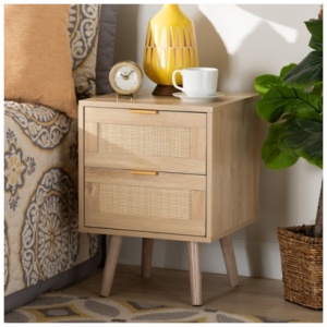 Baxton Studio Baird Light Oak and Rattan 2-Drawer Nightstand, Oak Brown