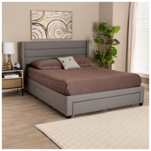 Baxton Studio Braylon Queen Panel Platform Bed with 3 Storage Drawers, Light Gray