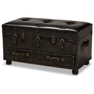 Baxton Studio Callum 2-Drawer Storage Trunk Ottoman Leather, Dark Brown