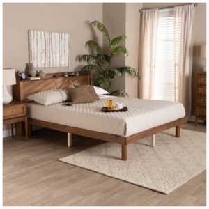 Baxton Studio Decker Full Platform Bed with Charging Station, Walnut Brown