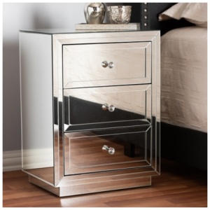 Baxton Studio Lina Mirrored 3 Drawer Nightstand, Silver