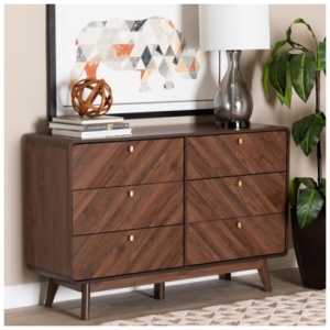 Baxton Studio Markell 52" 6 Drawer Dresser, Walnut Brown/Gold