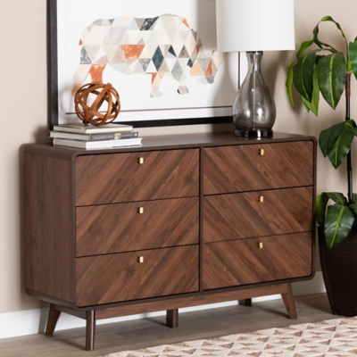 Baxton Studio Markell 52" 6 Drawer Dresser, Walnut Brown/Gold