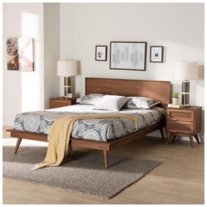 Baxton Studio Melora King Panel Bed with 2 Nightstands, Walnut Brown/Brown