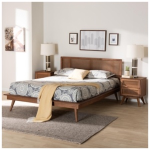 Baxton Studio Nura Full Panel Bed with 2 Nightstands, Walnut Brown/Brown