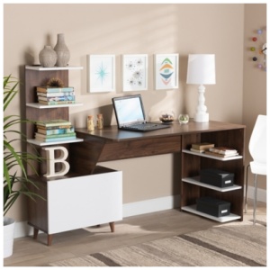 Baxton Studio Tobias Storage Computer Desk with Shelves, White/Brown