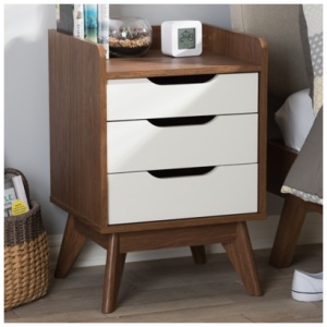 Brighton Midcentury 3-Drawer Nightstand, White/Walnut Brown
