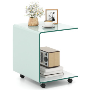 C-Shaped End Table Modern Tempered Glass Side Table with Shelf-White