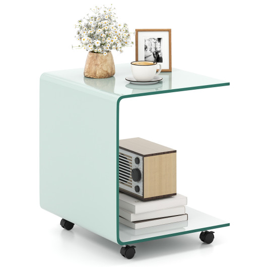 C-Shaped End Table Modern Tempered Glass Side Table with Shelf-White