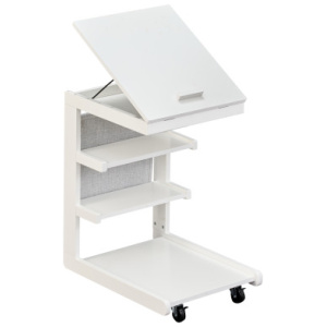 C-shaped End Table with Wheels and Adjustable Desktop for Sofa Couch Bedside-White