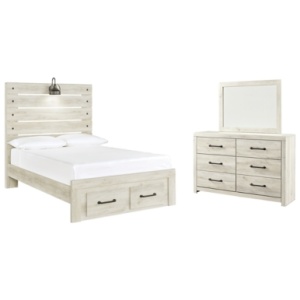 Cambeck Full Panel Bed with 2 Storage Drawers with Mirrored Dresser, Whitewash