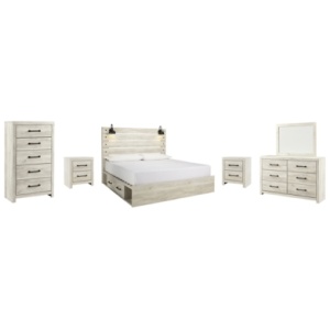 Cambeck King Panel Bed with 2 Storage Drawers with Mirrored Dresser, Chest and 2 Nightstands, Whitewash