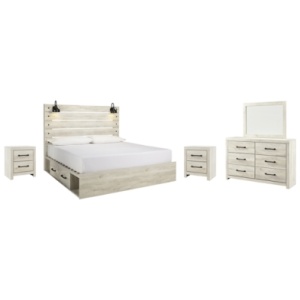 Cambeck King Panel Bed with 2 Storage Drawers with Mirrored Dresser and 2 Nightstands, Whitewash