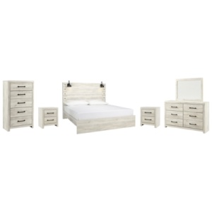 Cambeck King Panel Bed with Mirrored Dresser, Chest and 2 Nightstands, Whitewash