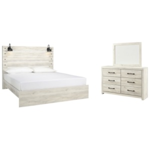 Cambeck King Panel Bed with Mirrored Dresser, Whitewash