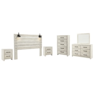 Cambeck King Panel Headboard Bed with Mirrored Dresser, Chest and 2 Nightstands, Whitewash