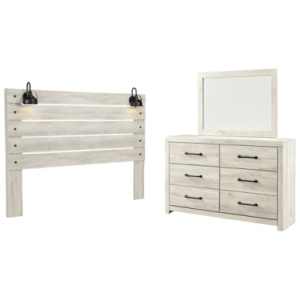Cambeck King Panel Headboard Bed with Mirrored Dresser, Whitewash