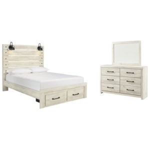 Cambeck Queen Panel Bed with 2 Storage Drawers with Mirrored Dresser, Whitewash