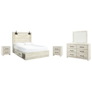 Cambeck Queen Panel Bed with 2 Storage Drawers with Mirrored Dresser and 2 Nightstands, Whitewash
