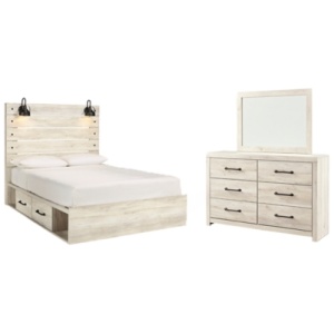 Cambeck Queen Panel Bed with 4 Storage Drawers with Mirrored Dresser, Whitewash
