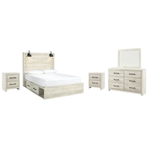 Cambeck Queen Panel Bed with 4 Storage Drawers with Mirrored Dresser and 2 Nightstands, Whitewash
