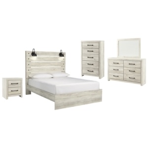 Cambeck Queen Panel Bed with Mirrored Dresser, Chest and Nightstand, Whitewash
