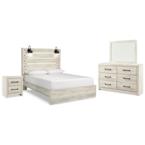 Cambeck Queen Panel Bed with Mirrored Dresser and Nightstand, Whitewash
