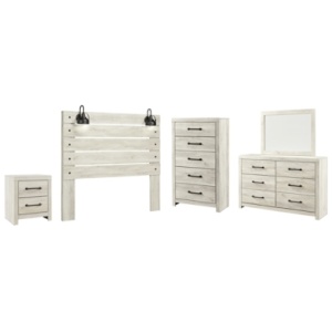 Cambeck Queen Panel Headboard Bed with Mirrored Dresser, Chest and Nightstand, Whitewash