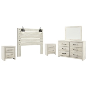 Cambeck Queen Panel Headboard Bed with Mirrored Dresser and 2 Nightstands, Whitewash