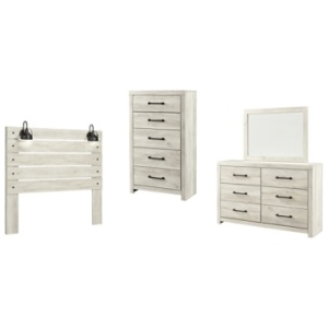 Cambeck Queen Panel Headboard Bed with Mirrored Dresser and Chest, Whitewash