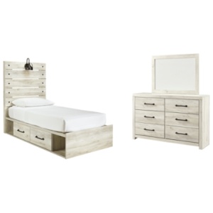 Cambeck Twin Panel Bed with 2 Storage Drawers with Mirrored Dresser, Whitewash
