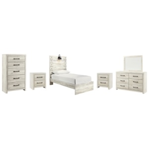 Cambeck Twin Panel Bed with Mirrored Dresser, Chest and 2 Nightstands, Whitewash