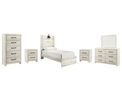Cambeck Twin Panel Bed with Mirrored Dresser, Chest and 2 Nightstands, Whitewash