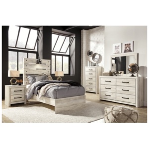 Cambeck Twin Panel Bed with Mirrored Dresser, Chest and Nightstand, Whitewash