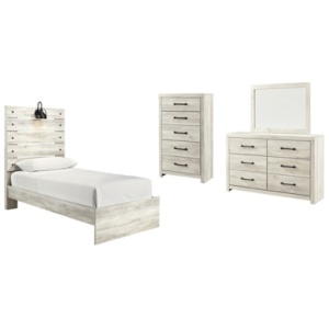 Cambeck Twin Panel Bed with Mirrored Dresser and Chest, Whitewash