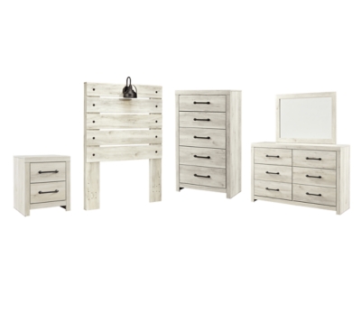 Cambeck Twin Panel Headboard Bed with Mirrored Dresser, Chest and Nightstand, Whitewash