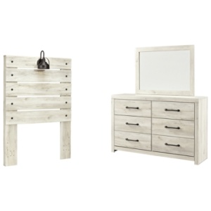 Cambeck Twin Panel Headboard Bed with Mirrored Dresser, Whitewash