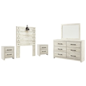 Cambeck Twin Panel Headboard Bed with Mirrored Dresser and 2 Nightstands, Whitewash