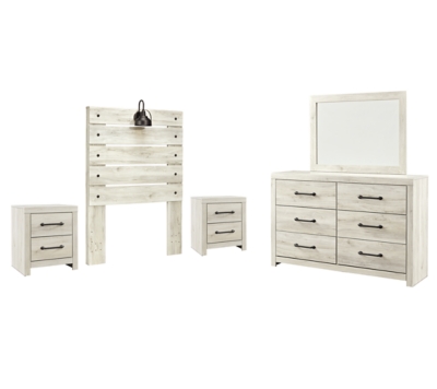 Cambeck Twin Panel Headboard Bed with Mirrored Dresser and 2 Nightstands, Whitewash